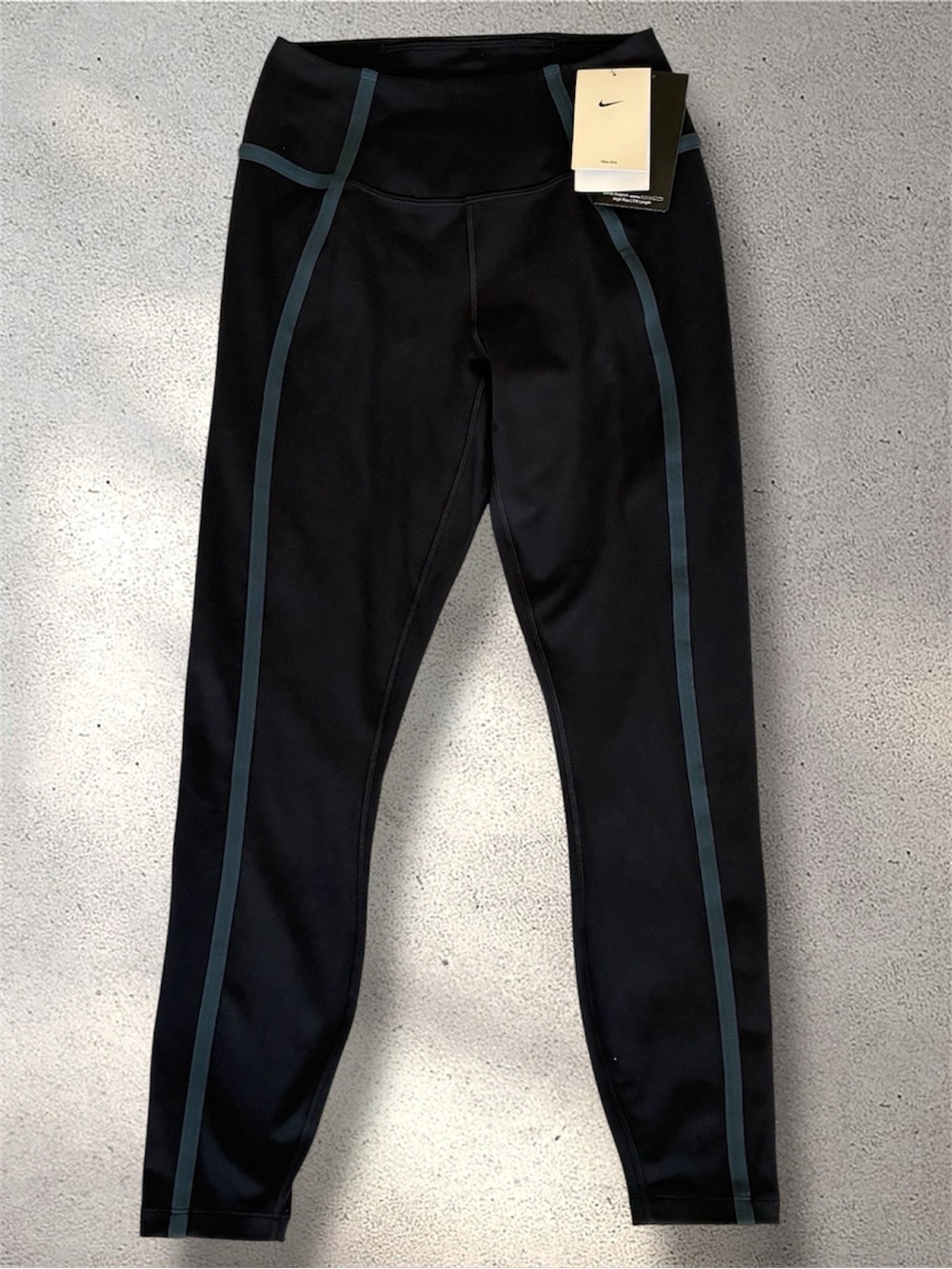 Women's Med HJ1137-010 Nike One 7/8 Black Deep Teal Stripe Ankle Leggings NWT